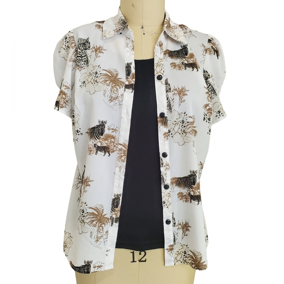 Rebecca Malone Women's White and Brown African Safari Animal Print Top PL - Picture 1 of 11